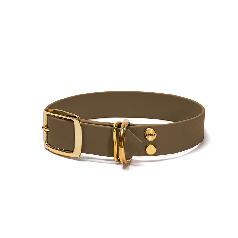 BioThane Hundehalsband Waldpfad – Military Olive mit Beschlägen in Gold