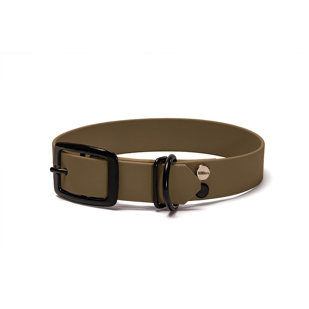 BioThane Hundehalsband Waldpfad – Military Olive mit Beschlägen in Schwarz