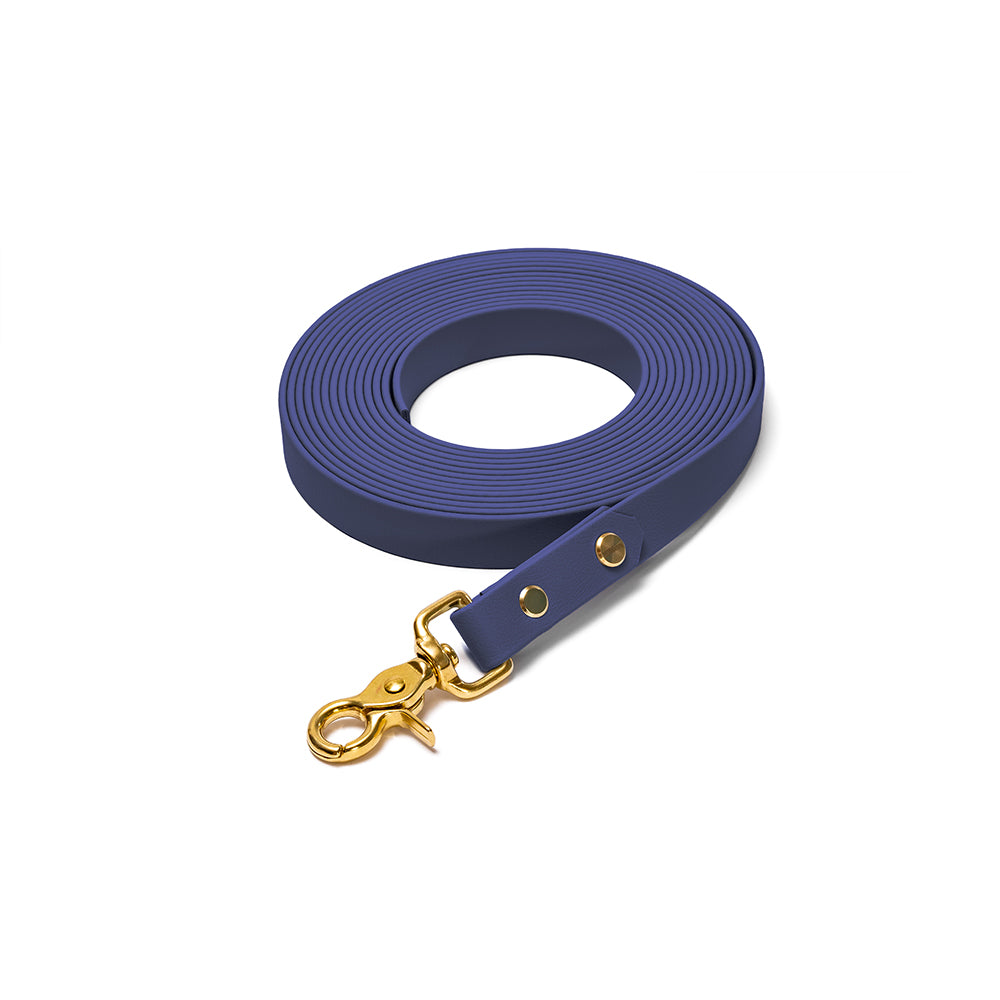Schleppleine aus BioThane in Dunkelblau gold – Modell Atlantik, wasserfest und langlebig