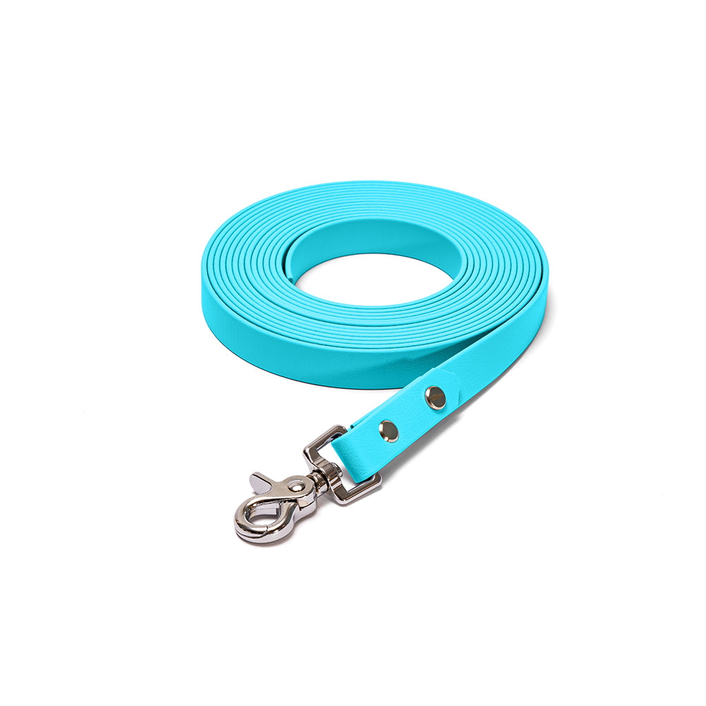 Schleppleine aus BioThane in Hellblau – Modell Himmel, robust und wasserfest, silber