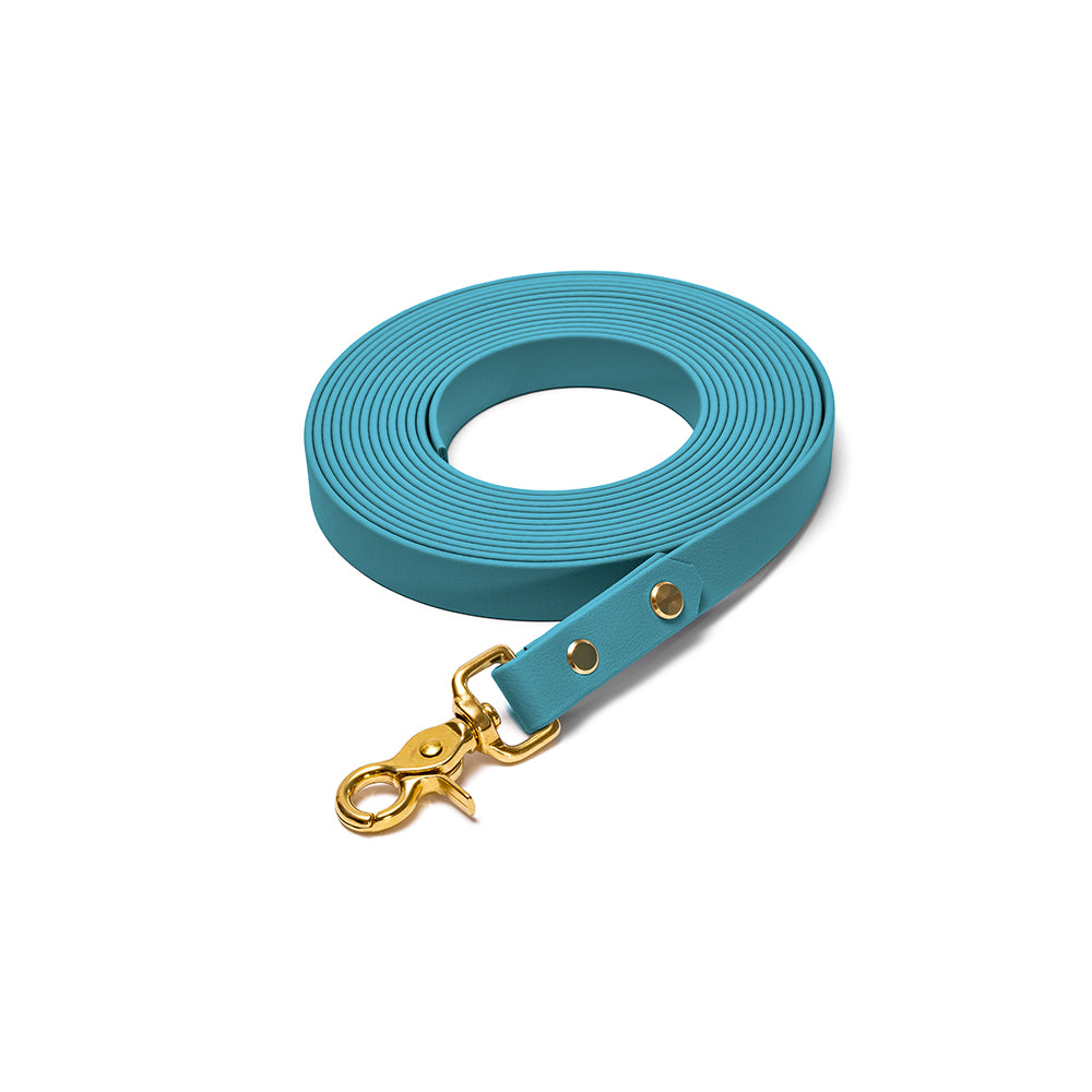 Schleppleine aus BioThane in Türkis – Modell Lagune, robust und wasserfest, gold