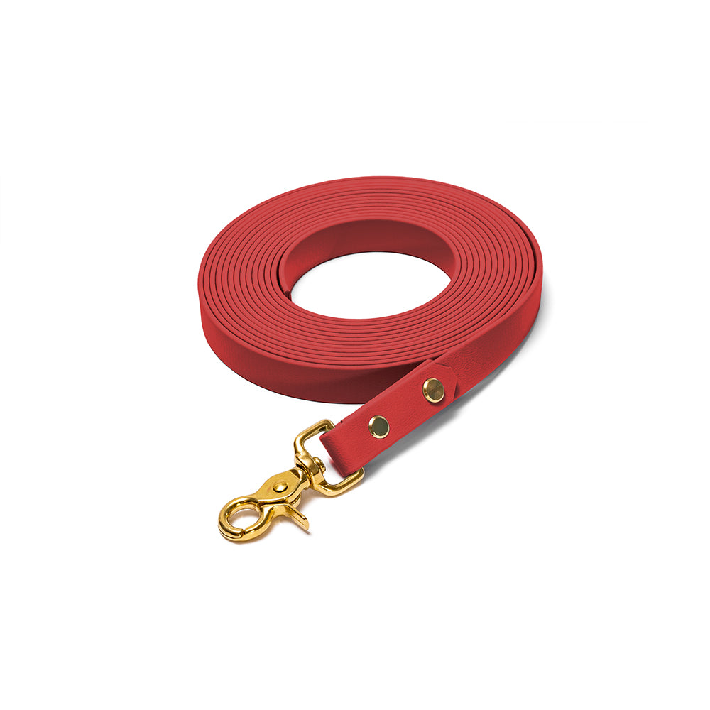 Schleppleine BioThane Rubinrot – Rot mit Beschlägen in Gold