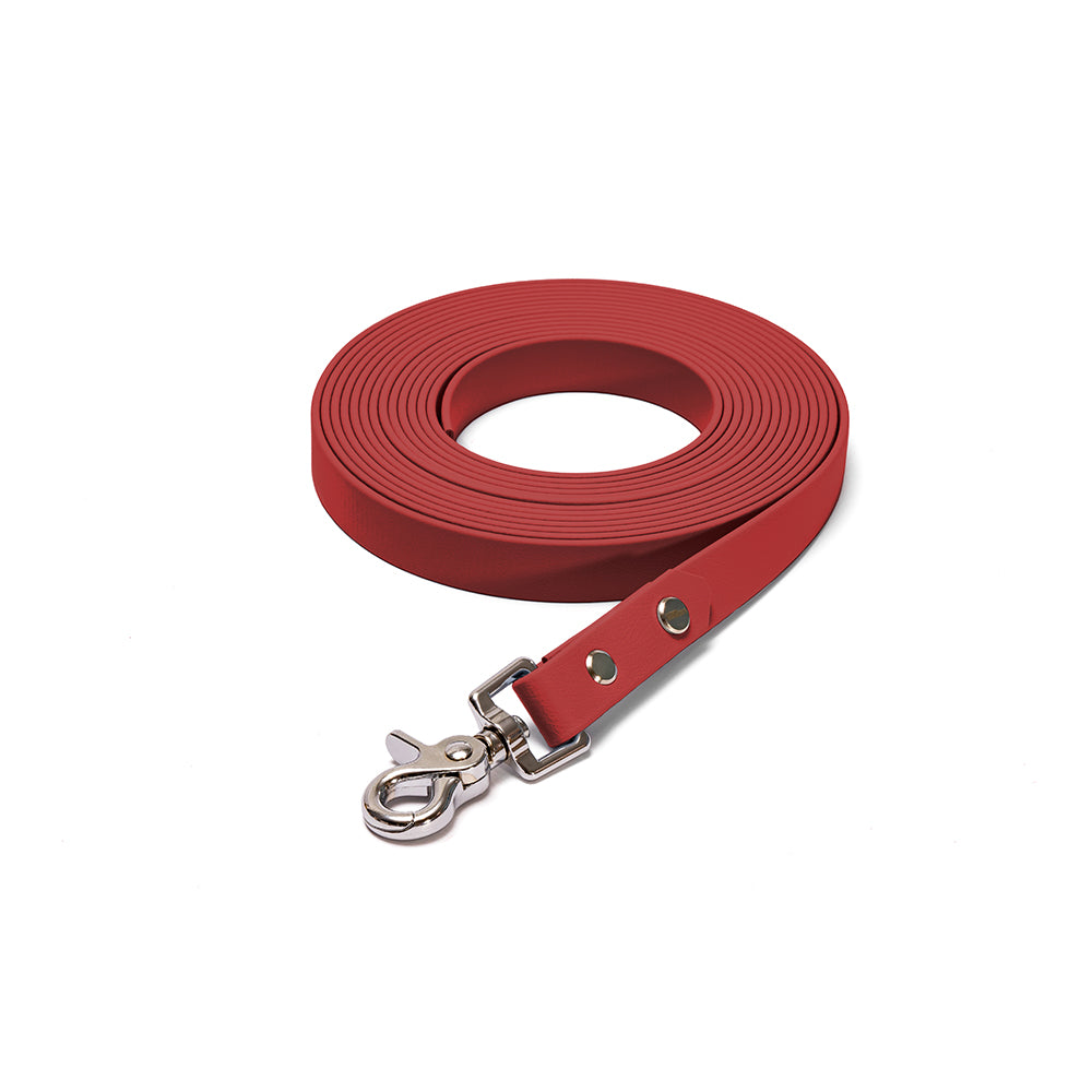 Schleppleine BioThane Rubinrot – Rot mit Beschlägen in Silber