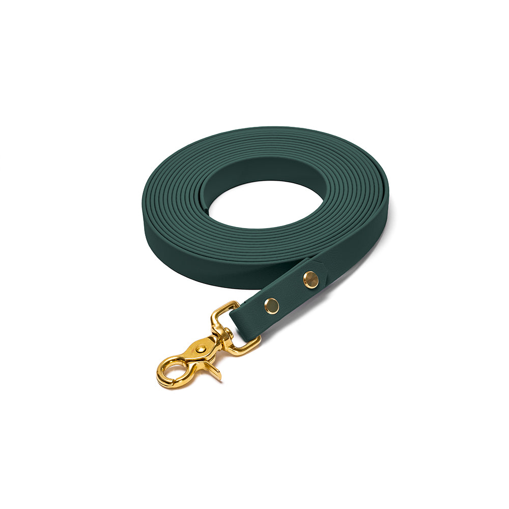 Schleppleine BioThane Tannenzauber – Dunkelgrün mit Beschlägen in Gold