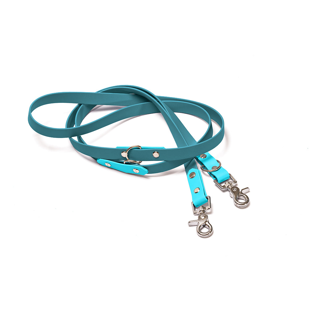 Verstellbare Hundeleine BioThane Meeresbrise – Lagune & Skyan Blau mit Beschlägen in Silber