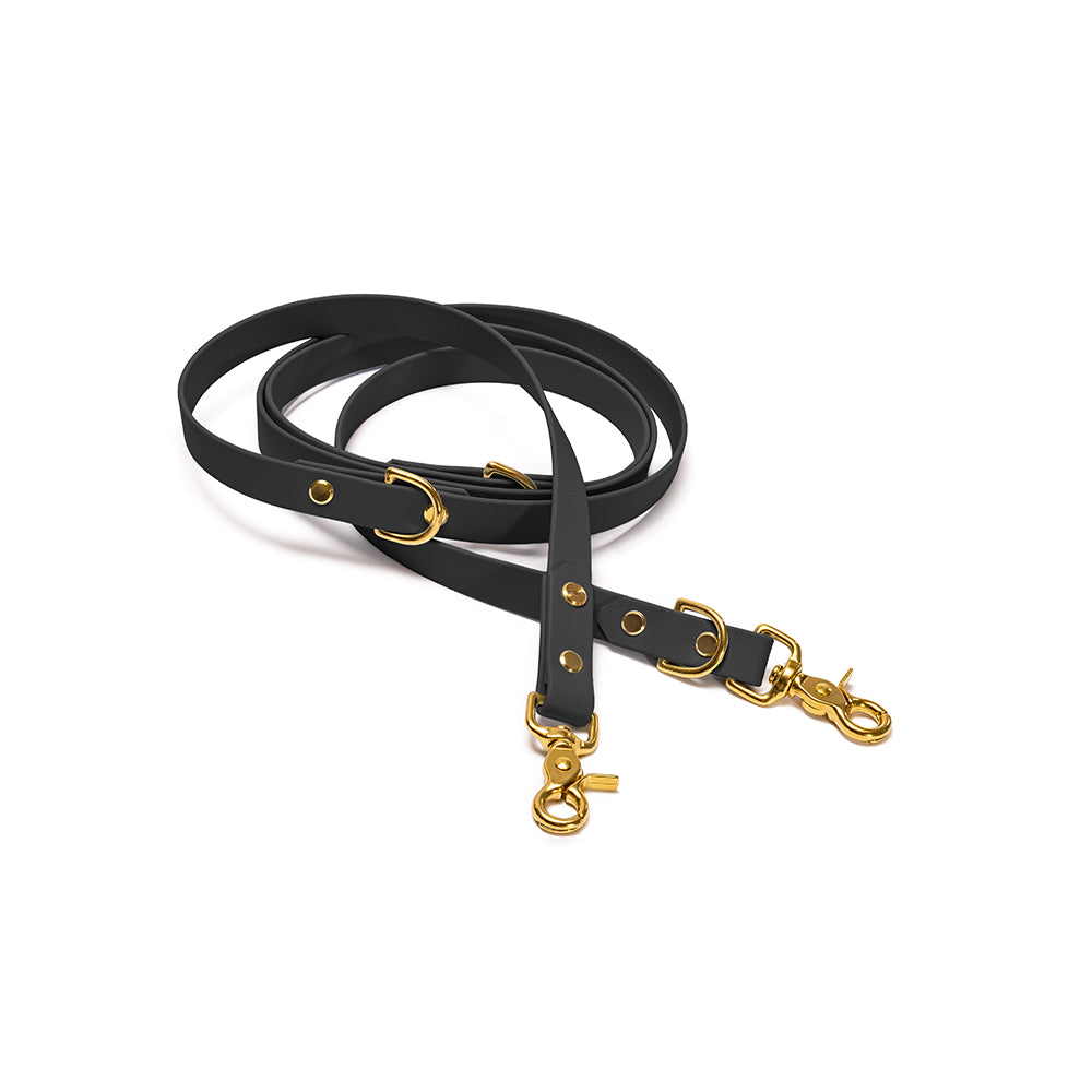 Verstellbare Hundeleine BioThane Nachtschwarz – Schwarz mit Beschlägen in Gold 