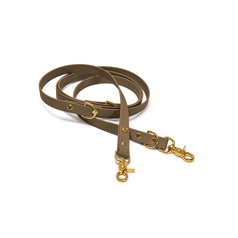Verstellbare Hundeleine BioThane Waldpfad – Military Olive mit Beschlägen in Gold